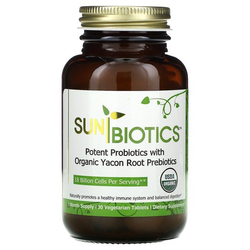 Sunbiotics 유기농 야콘 뿌리 프리틱 함유 강력한 효능의 프로틱 베지 정제 30정 (관부가세포함)