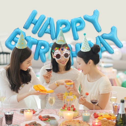 호일풍선세트(생일)+고깔모자3p+생일안경, 생일호일_하늘+고깔모자3p(민트)+생일안경_화이트