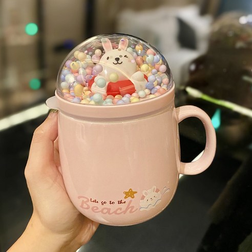 토끼 도자기 머그컵 뚜껑 숟가락 귀엽다 소녀심 기숙사 가정용 도자기 물컵, 전속 숟가락, 핑크 토끼