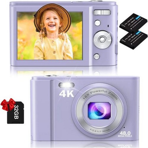 FHD 16X 키즈 전자 카메라 카메라 휴대용 디지털 4K 디지털 미니 32GB 48MP 카드 카메라 줌 충전식 브이로그, 2) 분홍색