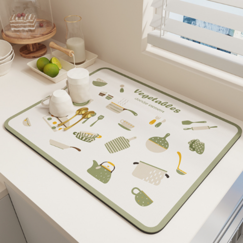홀리빙마켓 식기 드라잉 매트 규조토 빨아쓰는 식기건조매트, 베지터블green(60cm×40cm)