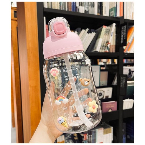 신형 빨대 배부른 물컵 ins 바람 귀엽다 대용량 플라스틱 컵 운동 주전자 옥외병 핸드컵 C42, 분홍색 스티커 드립니다., 1200ml