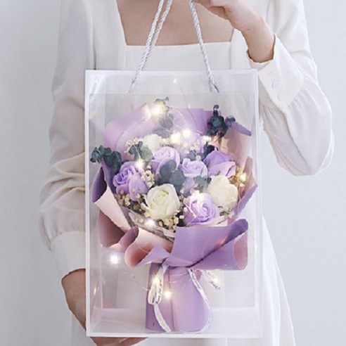 [ 아르띠콜로 led 비누 꽃다발+투명 쇼핑백 ] 특별한 선물 핑크 조화 여자친구 꽃 기념일 생일 졸업 발렌타인, acl 퍼플