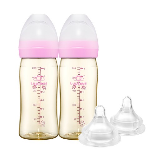 루피너스 PPSU 젖병 240ml 트윈팩(블러쉬핑크/2개입)+젖꼭지(2개입), 블러쉬핑크/3단계(M), 1세트