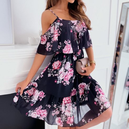 여성 2023 꽃무늬 프린트 드레스 스파게티 스트랩 오프숄더 민소매 드레스 휴일 A라인 메쉬 원단 여름 패션