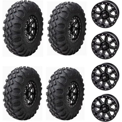 34x1015 투스크 메가박스 4개ITE Heavy Duty 8Play Radial UTV 타이어가 Tusk UINTA 비드록 휠에 장착됨 CanAM X34137 볼트 패턴용 러, Milled Black, 5+2 Wheel Offset