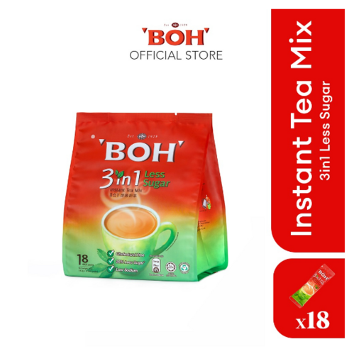 보흐 티 스테비아 잎 BOH 3 in 1 Instant Tea Mix Stevia Leaf Less Sugar, 1개, 18개입, 16.5g