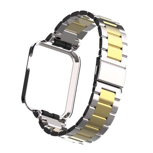 케이스 + 스트랩 Xiaomi Mi Watch Lite 스테인레스 스틸 금속 팔찌 Redmi 시계 스트랩 손목 밴드 시계 밴드 Mi Watch Lite, Silver+Gold, for Redmi Watch