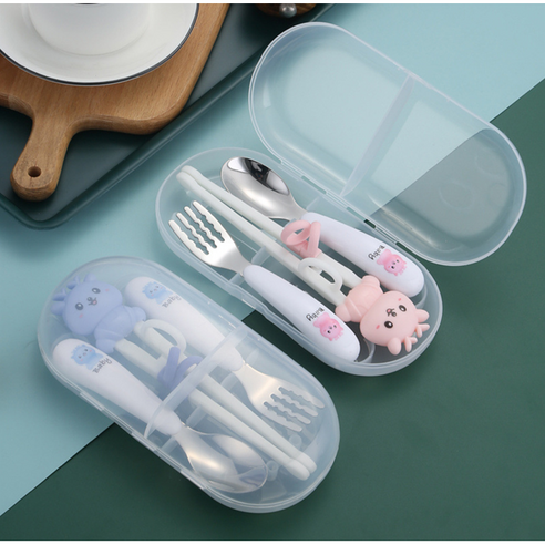 조이쥬드 스텐 어린이 수저 세트 교정 젓가락 스푼 포크 아기, 블루, 1개, 스푼+포크+젓가락