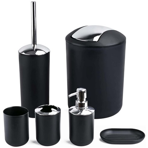 욕실 액세서리 세트 -6 조각 플라스틱 선물 세트 칫솔 홀더 칫솔 컵 비누 디스펜서 비누 접시 대기 (블랙), 보여진 바와 같이, 하나