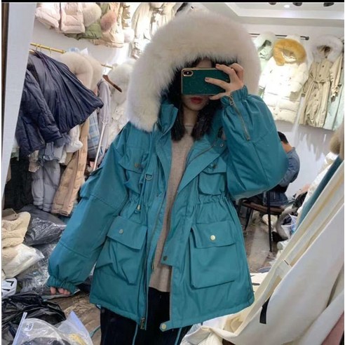 새로운 스타일 리얼 울 칼라 멀티 포켓 한국어 스타일 작업복 다운 자켓 여성 중반 짧은 겨울 코트 두꺼운