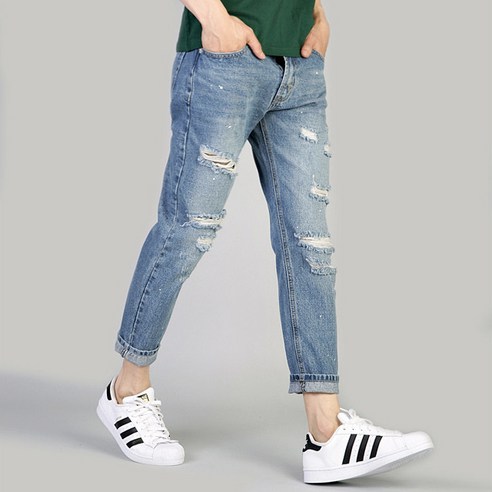 허벅스 남성용 9부 찢청 디스트로이드진 테이퍼드진