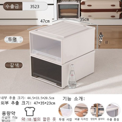 옷 수납함 플라스틱 서랍식 수납함 투명 데스크톱 거실 옷장 보관함 수납장 정리함, 투명한 모양, [3523] 깊이 47* 너비 35* 높이 23cm
