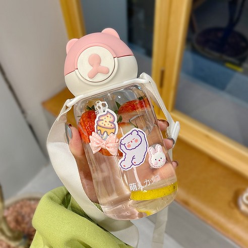 【휴대용 물병】물 컵 여자를위한 찾고 플라스틱 컵 성인과 투명한 밀짚 컵 휴대용 귀여운 대용량 물병 컵, 색깔15