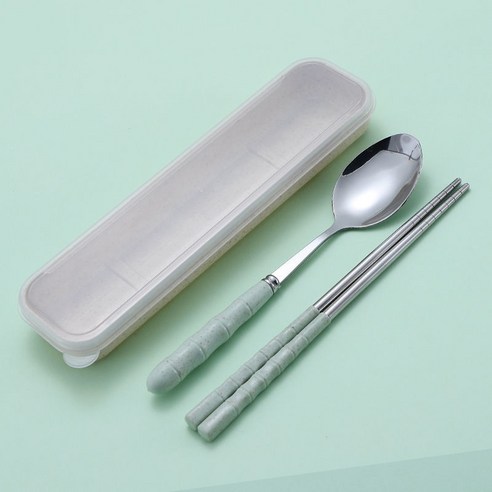 세 조각 스테인리스 밀 밀짚 식기 성인 숟가락 젓가락 포크 휴대용 귀여운 학생 여행용, 옵션4, 녹색