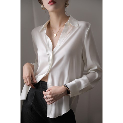 흰색 셔츠 여성용 긴팔 초가을 실크 뽕나무 실크 탑 틈새 통근 ol 흰색 셔츠