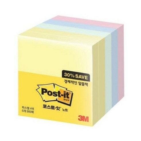 쓰리엠 알뜰팩 포스트잇 76 x 76 mm 654-5A 500p, 노랑+애플민트+크림블루+러블리핑크, 500매, 30개