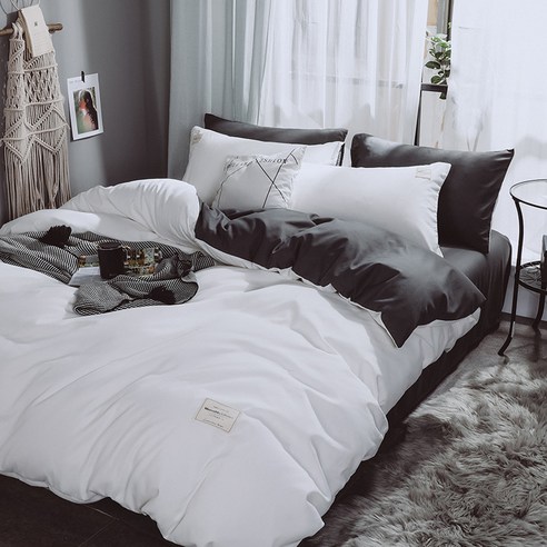 Soft Object 심플 워싱 면 4피스 맷돌 침대 시트 이불 커버 숙소 가정용 침구 3피스, 흰색+짙은 회색