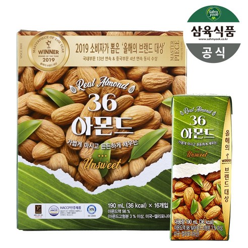 삼육두유 36 아몬드 언스위트, 190ml, 16개