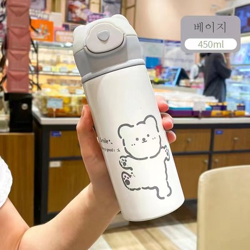 DFMEI 러블리 텀블러 러블리베어 심플 물컵 롤케이지 스테인레스 빨대컵, 420ml 간단한 흰색 곰, 320-420ml
