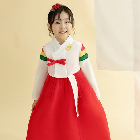 가온한복 여빨강삼색동 여아용 아동한복세트 AW175