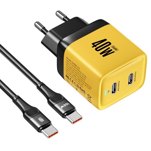 ASOMETECH 40W Gan 듀얼 C타입 초고속 충전기 AFC PPS 한국 표준 플러그 어댑터C-C 60w고속충전케이블, 노란색 + 케이블링, 1개