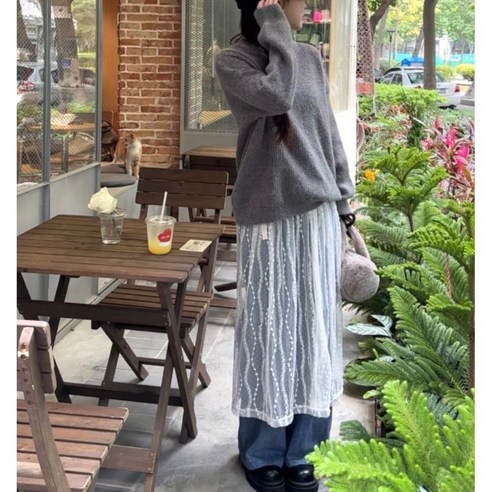 리본 레이스 자수 레이어드 롱스커트 망사 치마