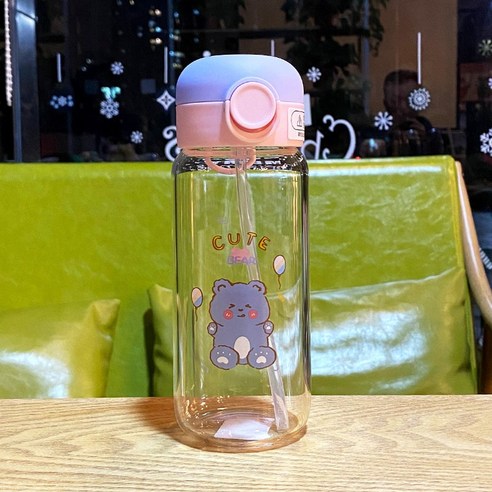 DFMEI 유리 물 컵 여성 빨대 컵 성인 휴대용 간단한 여성 컵, DFMEI 보라색 곰, 350ml