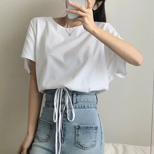 빅사이즈 여성용 오버핏 반팔 티셔츠, 블루밍스트링 크롭 무지 라운드 넥 데일리룩 크롭티 빅사이즈 여성용 오버핏 반팔 티셔츠, 블루밍스트링 크롭 무지 라운드 넥 데일리룩 크롭티
