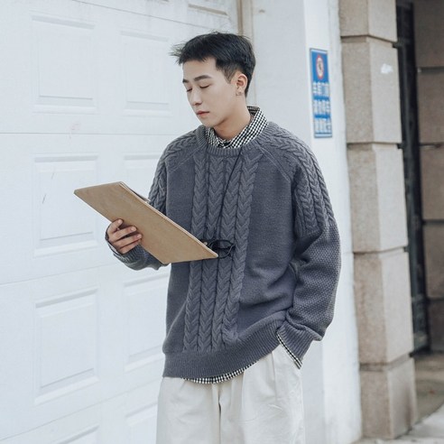 smyD 49 일 가을과 겨울 단색 트위스트 라운드 넥 스웨터 남자의 모든 일치 느슨한 스웨터 유행 브랜드 두꺼운 스웨터
