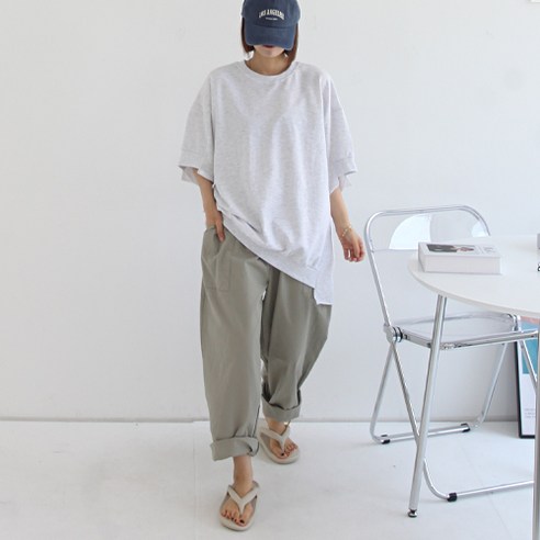 애플망고샵 여성 빅사이즈 반팔 무지 시보리 언발절개 롱박스티 맨투맨 오버핏 루즈핏 캐주얼 여름 박스티