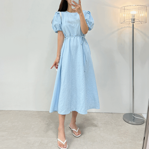 하객룩 지지미 미니 사각 퍼프소매 허리끈 루즈핏 반팔 롱 원피스 3color