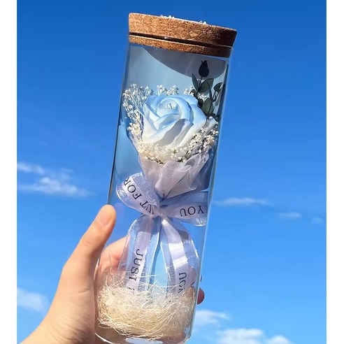 투명 소원병 꽃다발 시들지 않는 꽃 배합 LED무드등 생일 선물 명절 선물, 푸른흰색 장미A, 1개
