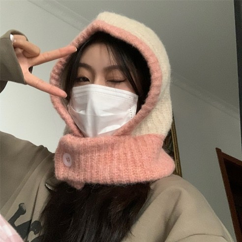하이유니 포근 골지 니트 후드 넥 워머 바라클라바, 아이보리, 1개
