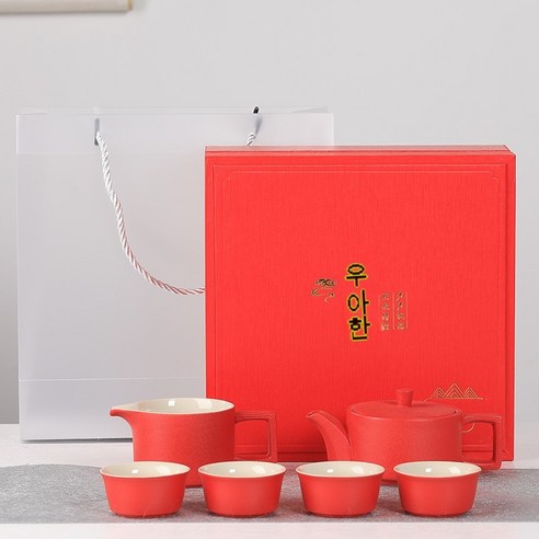 야외 일본 검은 도자기 차 세트 휴대용 한 냄비 컵 쿵푸 주전자 차 컵 회사 연례 회의, 용 냄비 + 4 컵 + 바다 (빨간색 선물 상자), 빨간색