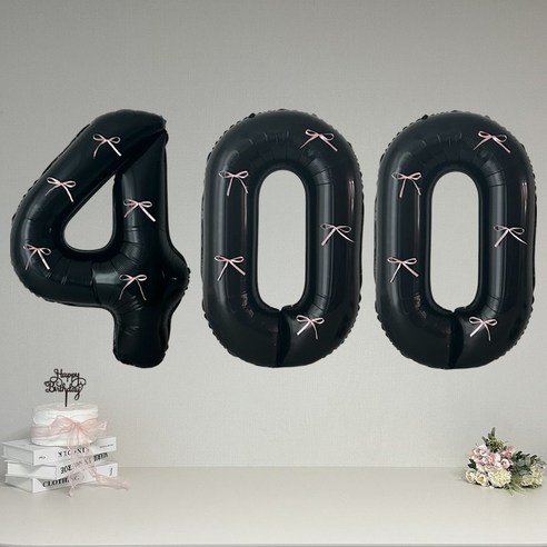 연지마켓 블랙 대형 숫자 풍선 리본 기념일 생일, 1개, 핑크리본 + 블랙숫자 400
