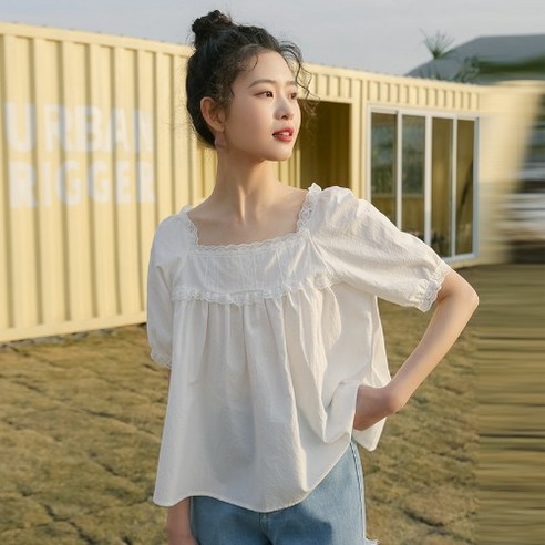 DFMEI 스퀘어 칼라 화이트 레이스 스티칭 셔츠 여성 디자인 감각 틈새 서양식 슬리밍 모든 매치 셔츠 새로운