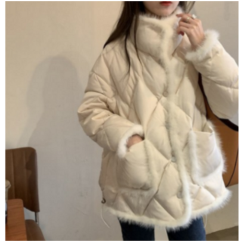 겨울 새로운 우아한 바느질 밍크 양모 코튼 패딩 코트 겨울 한국 스타일 느슨한 슬리밍 스탠드 칼라 따뜻한 코트