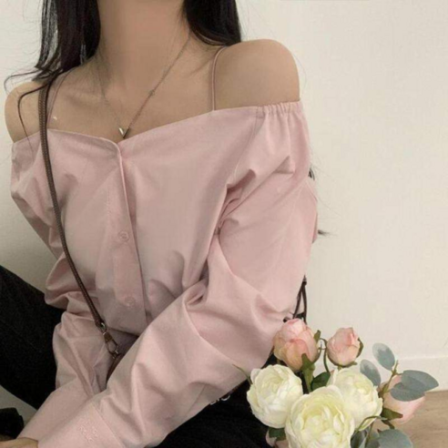 마켓메이븐 오프숄더 스트랩 긴팔 셔츠 블라우스