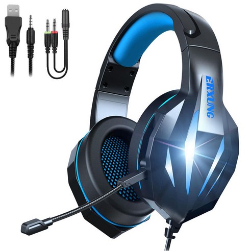 PS5 노트북 태블릿 휴대 전화 용 PS4 용 스테레오 RGB 오버 이어 게임 헤드셋 소음 취소 3.5mm 플러그 4D 베이스, {"사이즈":"패키지 크기 7.7x8.7x3.5 인치"}, {"수건소재":"ABS 플라스틱"}, 검정과 파랑