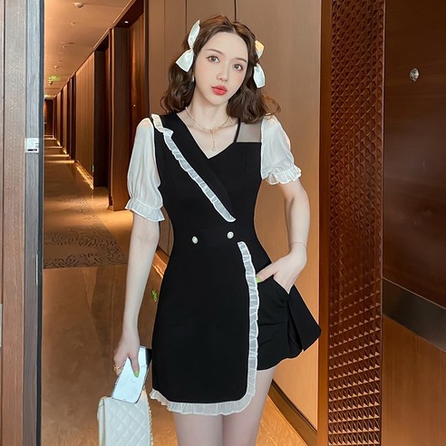 KORELAN 새로운 복고풍 리틀 블랙 드레스 반바지 투피스 패션 허리 슬리밍 컬러 매칭 드레스