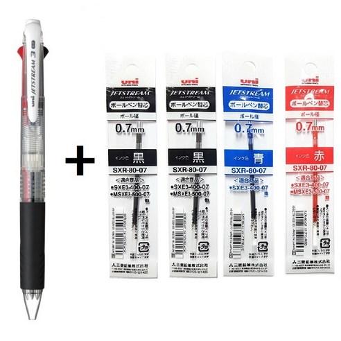 유니 제트스트림 0.7mm 3색 볼펜 (SXE3-400-07) 1개 + 리필심4개, 블랙(24) 1개 + 리필4개(흑2청1적1)