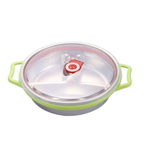 304 Stainless Steel Dinner Plate Lunch Box Canteen Student Work Rice Plate With Lid Children''s Plate, Green_Medium