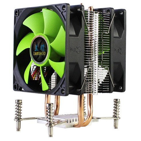 Lanshuo CPU 라디에이터 CPU 쿨러 2 열 파이프 울트라 조용한 냉각기 LGA 2011 x79 x99 x299 (3 핀 듀얼 팬), 하나, 블랙 그린