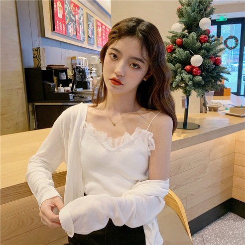 DFMEI 여름 민소매 반팔 티셔츠 흰색 레이스 Suspender 겉옷 조끼 여성 온라인 연예인 백 일치 겉옷 바닥 탑 디자인 감각 여름 의류