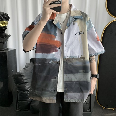 DFMEI 셔츠 남성용 반팔 셔츠 일본 여름 느슨한 커플 반팔 트렌드 캐주얼 그래피티 컬러 셔츠