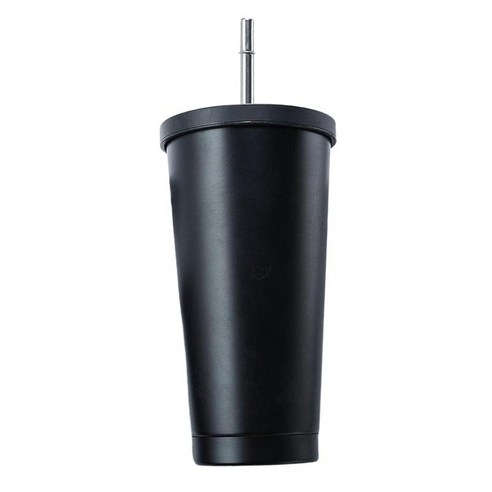 17oz/500ml 컵(빨대 및 뚜껑 포함) 스테인리스 스틸 컵 진공 절연 이중벽 커피잔 병 물, 블랙, 높이: 188mm, 스테인레스 스틸