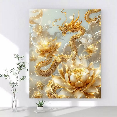 보석십자수 캔버스형 DIY 액자형 40x50cm 3D 대형 다이아몬드페인팅 그림 구슬십자수 행운 거실 인테리어 그림, 1개, 15 황금연꽃 룡