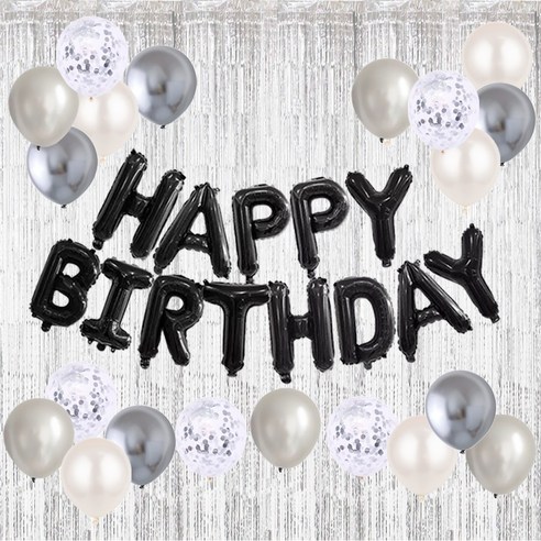 HBD 은박풍선 크롬메탈 혼합풍선세트 파티커튼 생일파티세트 [에브리띵스마일] 1221, 1세트, 블랙 실버 풍선 커튼