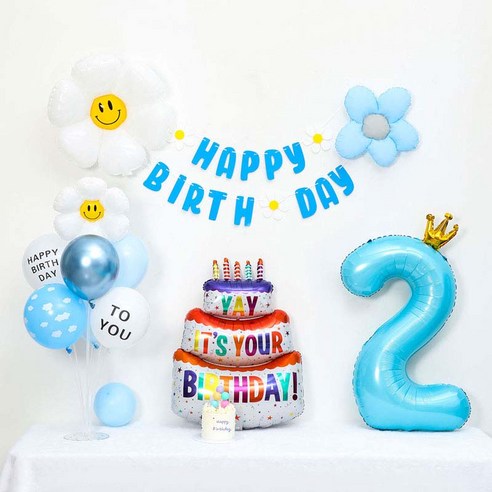[피앤비유니티] 캐릭터무광데이지 생일케익풍선세트 스탠드형, 06-02)무광데이지생일풍선세트 2 블루, 1세트